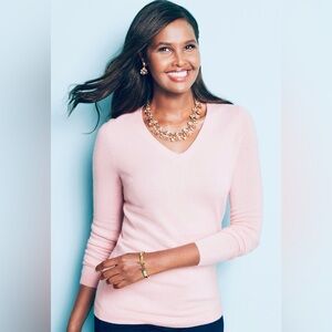 Talbots pink v neck cotton blend ribbed trim long sleeved knit summer sweater S